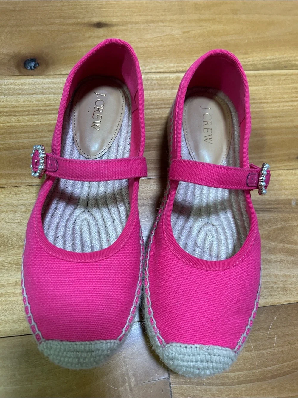 J. Crew Hot Pink Canvas Mary Jane Espadrilles   Preppy Summer Coastal